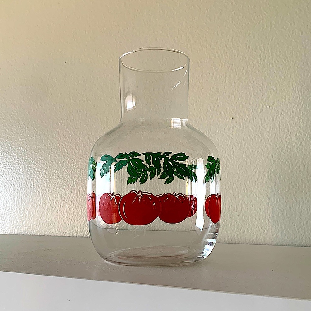 Vintage Mid Central Modern Pyrex Glass Pitcher With Tomato Theme Design